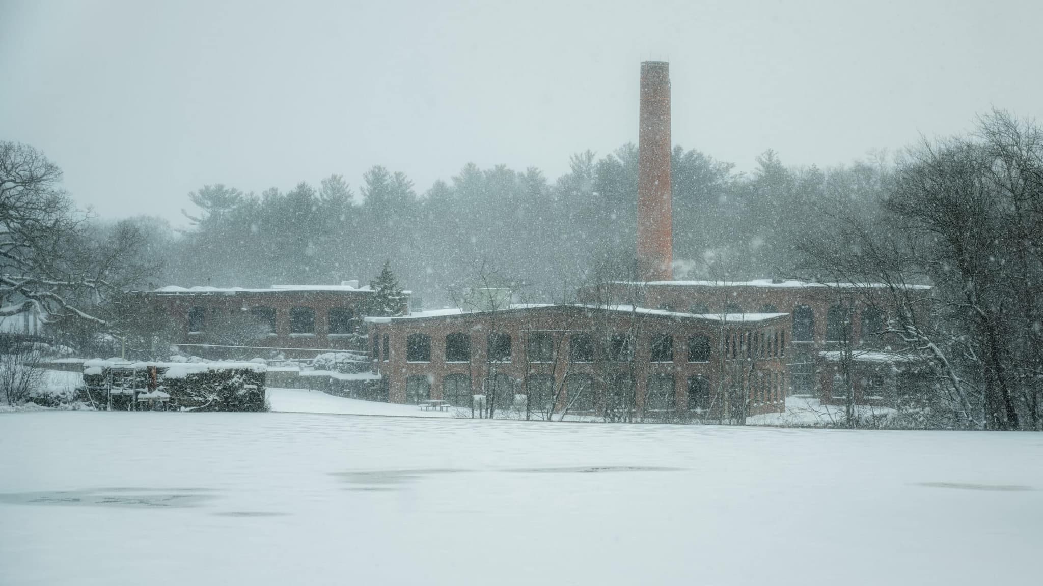 Arkwright Mill in a snow squall